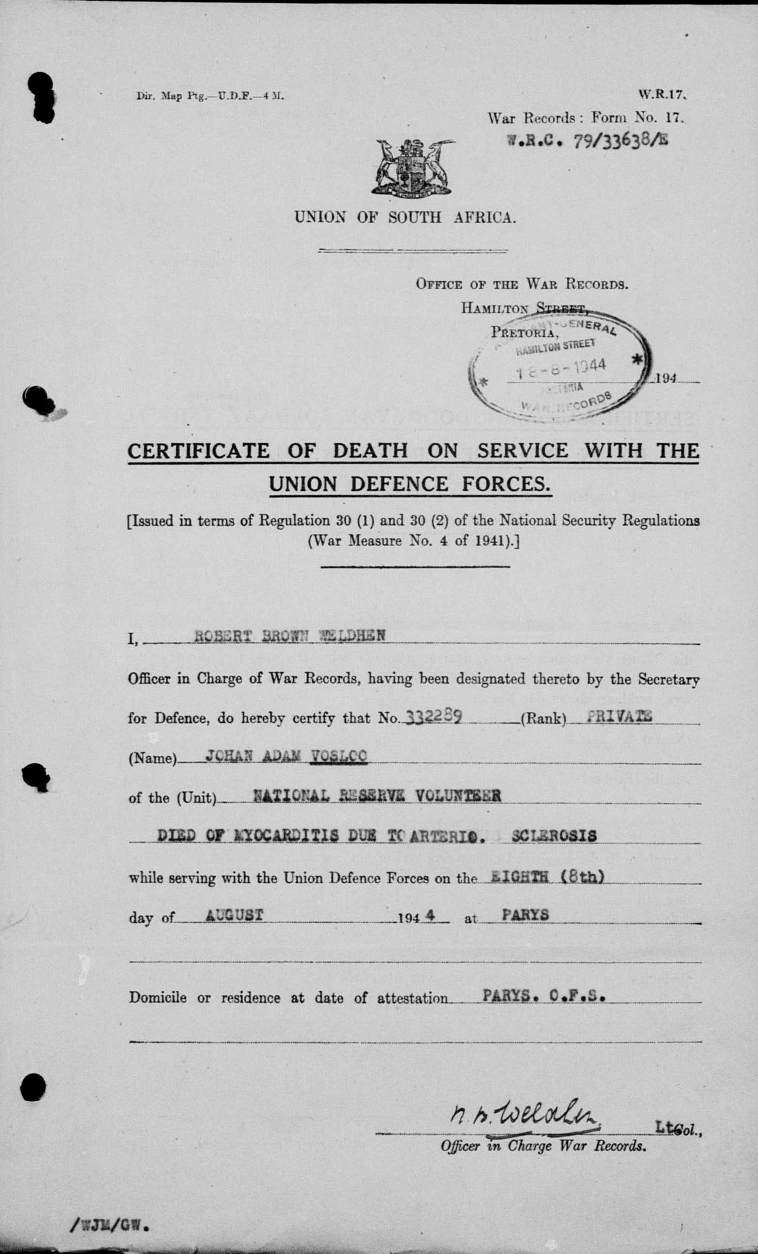 Photo from /search/photos/South Africa/Free State/PARYS CEMETERY/Extras/vosloo_ja_DEATH CERT.jpg